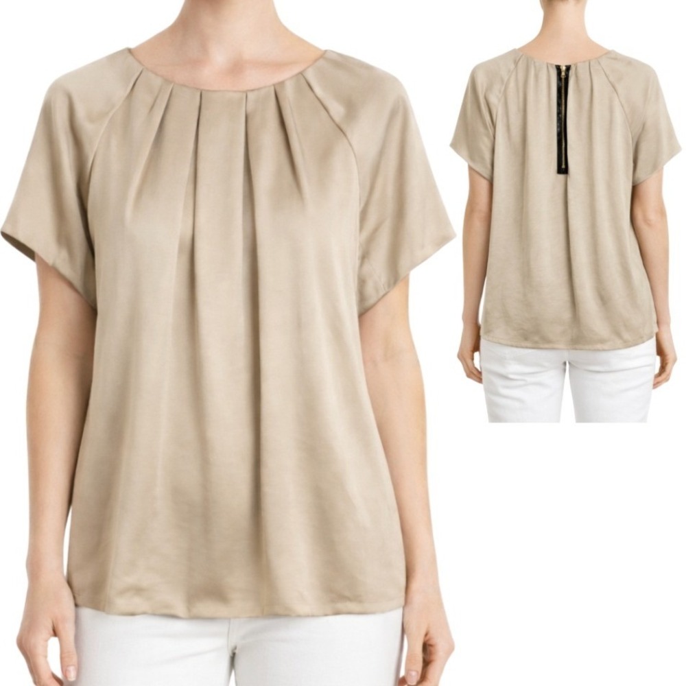 L'AGENCE Women's NWT Champagne Beige Pleated Short Sleeve‎ Blouse Size 4
